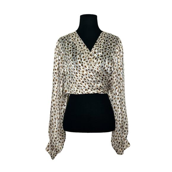 Saints & Hearts Cream brown print wrap front tie sleeves blouse size Medium - Picture 9 of 15